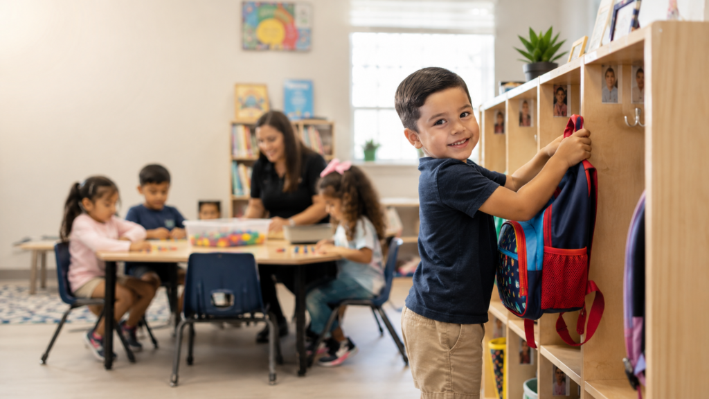 Child hanging backpack in preschool classroom, building confidence and kindergarten readiness